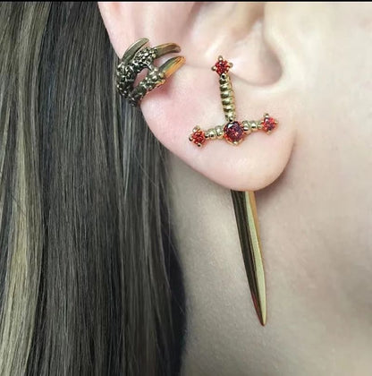 New Gothic Sword Vintage Bright Crystal Dagger Earrings — back view