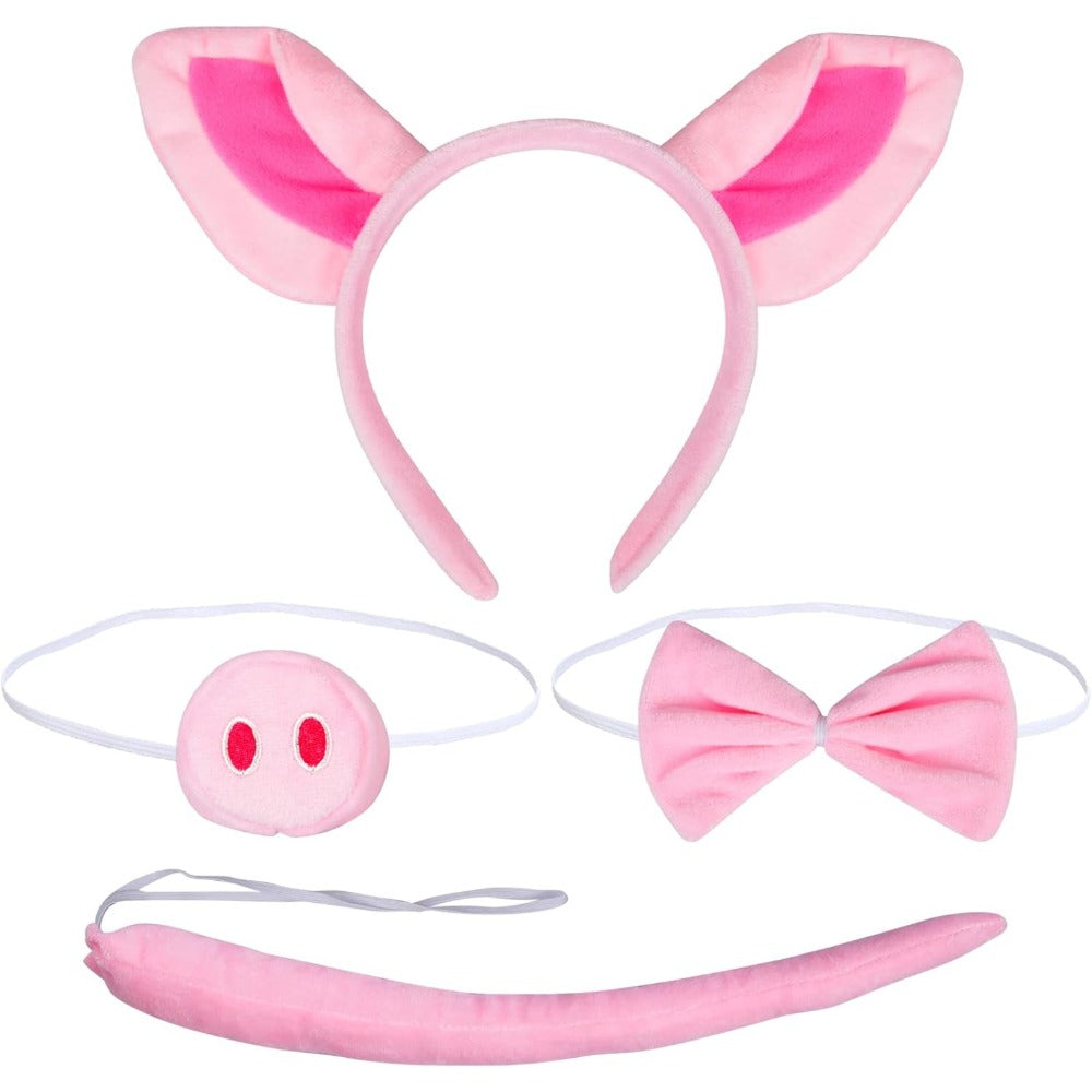 4-piece Pig Costume Set Consisting Of A Pig Ear Headband, Snout, Tail,and Bow Tie.Pink Animal Costume For Carnival,costume