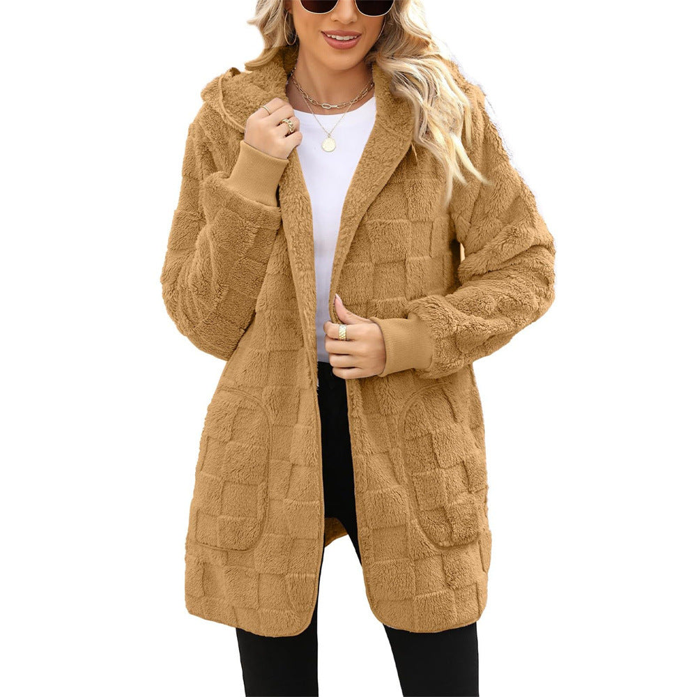 Cardigan Plaid Jacquard Hooded Pocket Plush Cardigan Jacket — scale reference