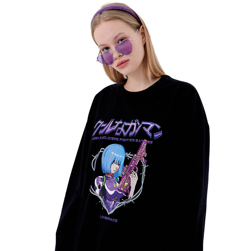 Anime Print T-shirt Men And Women Couple Long-sleeved Loose Casual Bottoming Top — back view