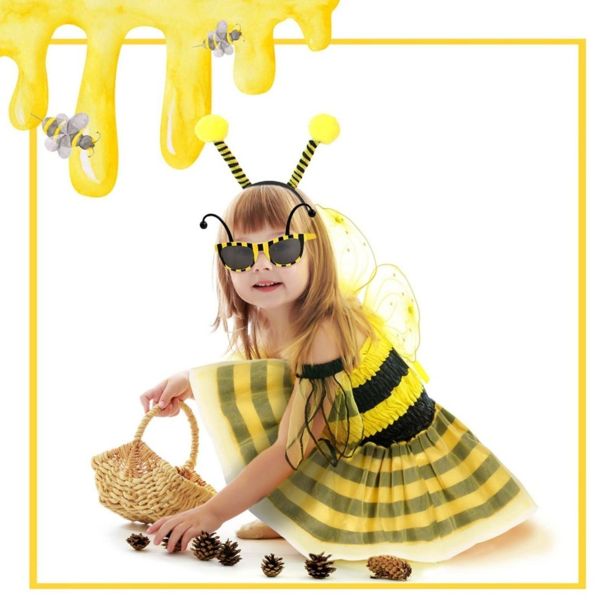 Bee Costume, 3-Piece Carnival Costume Set With Headband, Wings & Pom-Poms, Yellow And Black Bee Outfit For — packaging
