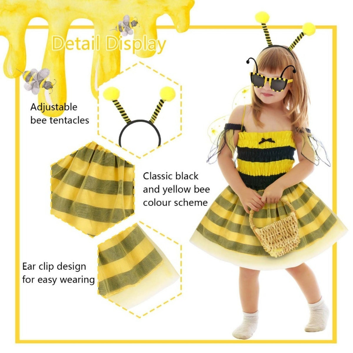 Bee Costume, 3-Piece Carnival Costume Set With Headband, Wings & Pom-Poms, Yellow And Black Bee Outfit For — detail
