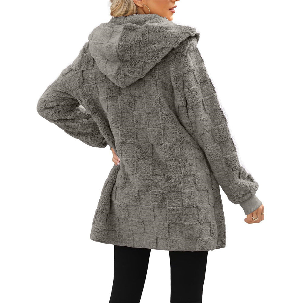 Cardigan Plaid Jacquard Hooded Pocket Plush Cardigan Jacket — back view