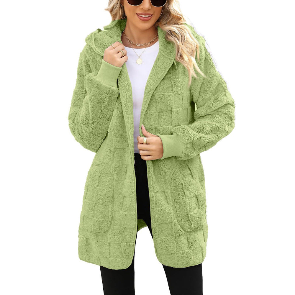 Cardigan Plaid Jacquard Hooded Pocket Plush Cardigan Jacket — in use