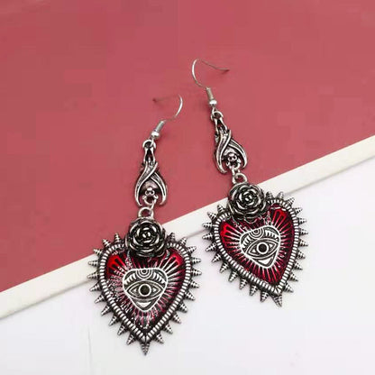 Vintage Lolita Gothic Evil Eye Red Heart Earrings for Women Halloween Cosplay — back view
