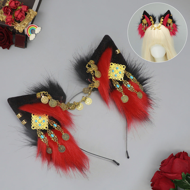 Tibetan Hair Accessories Exotic Wolf Ear Animal Ears Headband Bohemian Travel Photo Shooting Props — in use