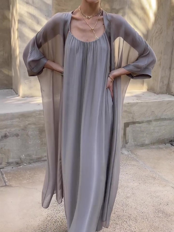 Spaghetti Strap Maxi Dress & Batwing Sleeve Long Kimono Two-Piece Set