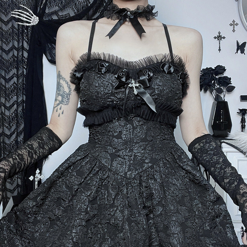 Dark Goth Rose Lace Sling Dress — in use