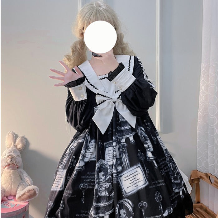 Lolita Dark Black Doll Gothic Long Sleeve Dress — back view