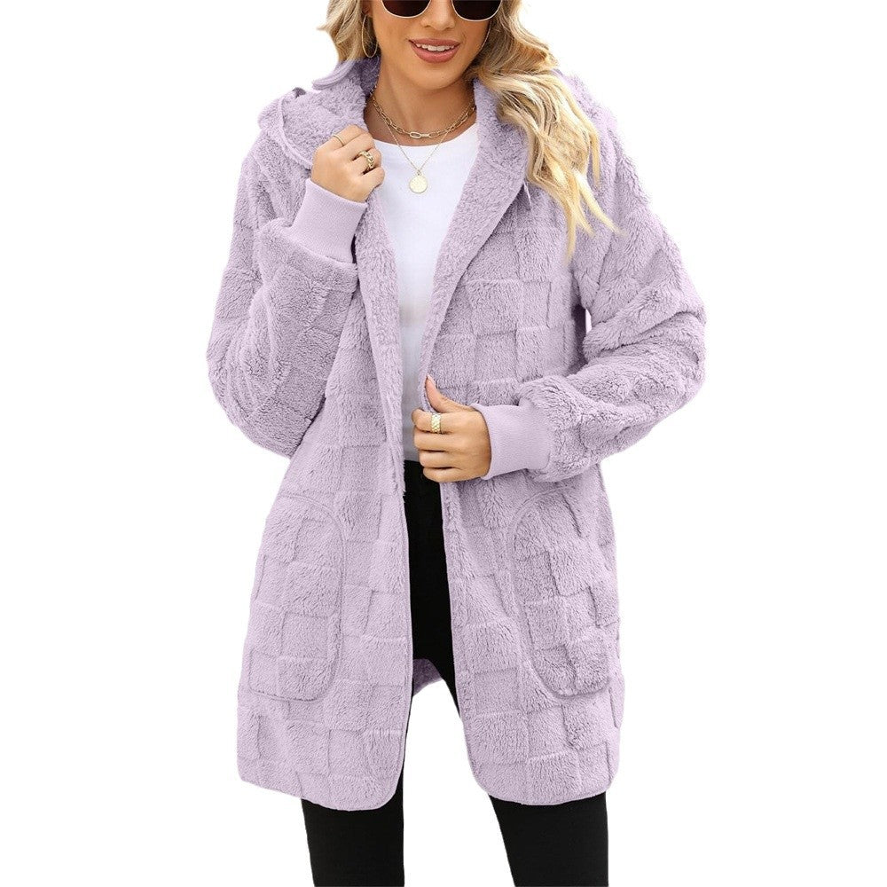 Cardigan Plaid Jacquard Hooded Pocket Plush Cardigan Jacket — side view