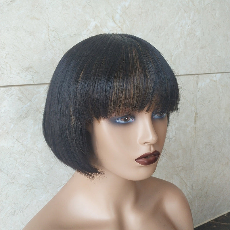 Double Drawn Short Bob Wig Brazilian Human Hair Fringe Wig — back view