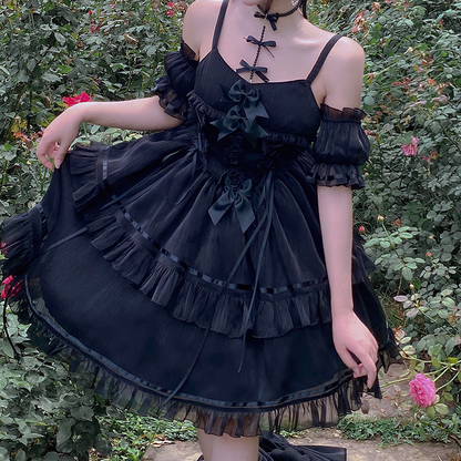 Originale Lolita Harajuku Bow Splicing Black Dress Hot Girl Fashion Kawaii Sweet Dress — scale reference