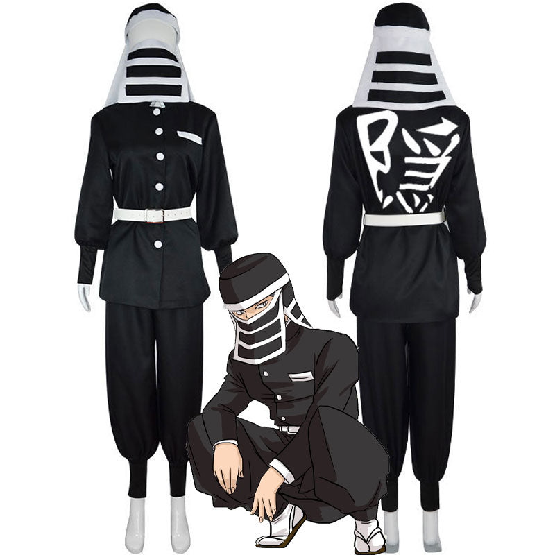 Demon Slayer Goto cosplay costume — black button-up jacket, cinched pants and striped face-wrap hood