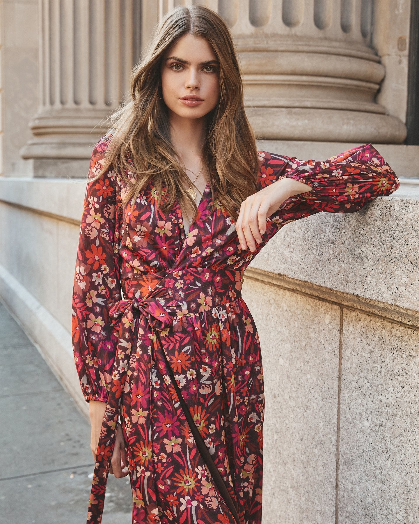 Women's Printed Long Sleeve Kimono Long Dress — detail