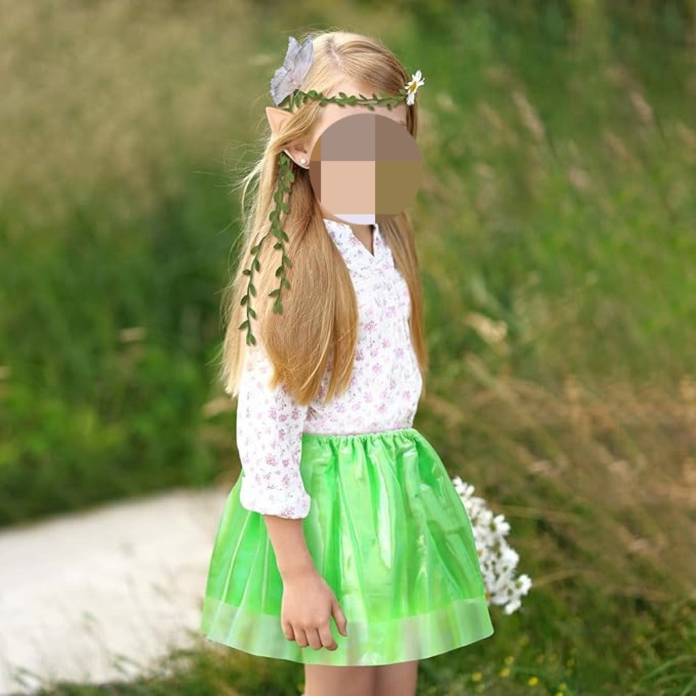 5-piece Fairy Dress Costume Set With A Green Skirt, Ears, Headband, Wing Clips, And Magic Wand—a Magical Fairy — side view