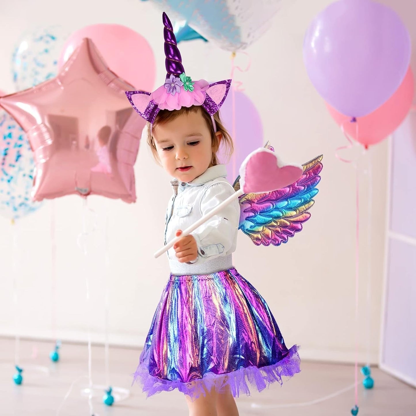3-Piece Unicorn Princess Costume Set, Unicorn Headband With Wings And Tutu Skirt, Rainbow Unicorn Cosplay — side view