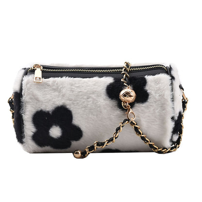 Plush Duffel Cow Pattern Flower Checkerboard — detail