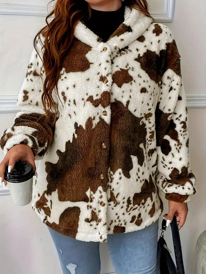 Women's Cow Print Button Plush Coat, New European & American Casual Fashion Hoodie — detail
