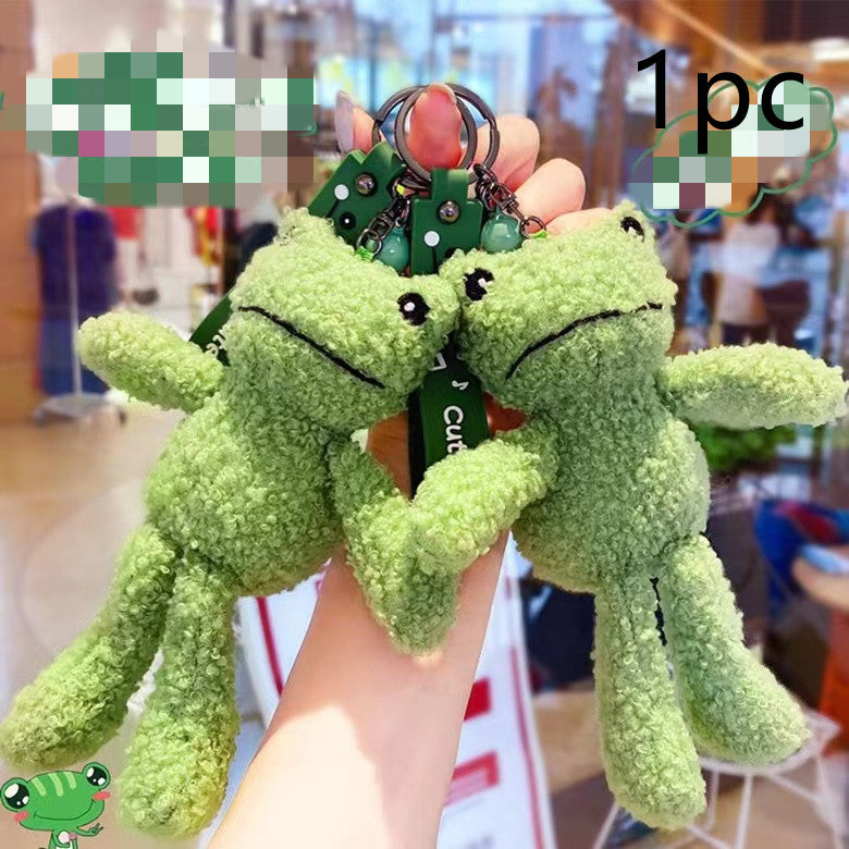 Green Plush Frog Doll Keychain Pendant — in use
