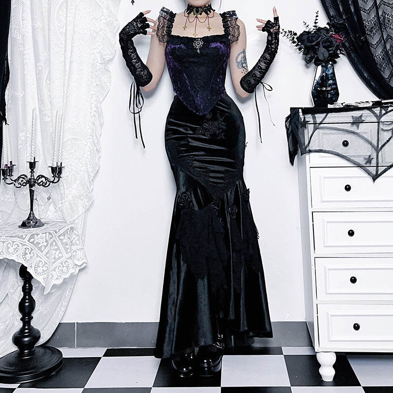 Sexy Hot Girl Dress Dark Goth Elegant Slim-fit Sheath Fishtail Skirt — back view