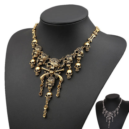 Halloween Gothic Jewellery 3-Piece — Vintage Skull Tassel Necklace, Imp Pearl Bracelet & Cartoon Pumpkin Bracelet