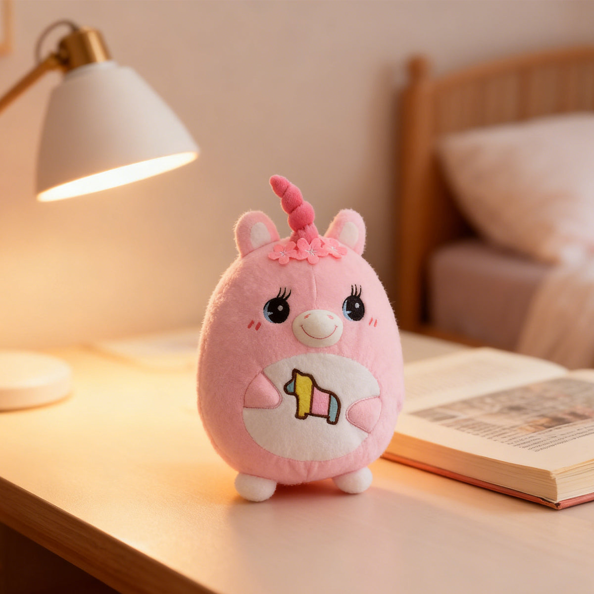Pink Unicorn Plush Toy With Spiral Horn And Embroidered Horse Patch — side view