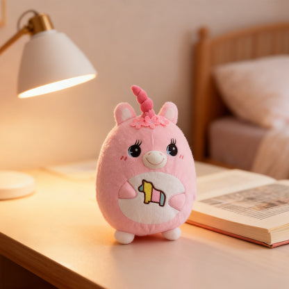 Pink Unicorn Plush Toy With Spiral Horn And Embroidered Horse Patch — side view