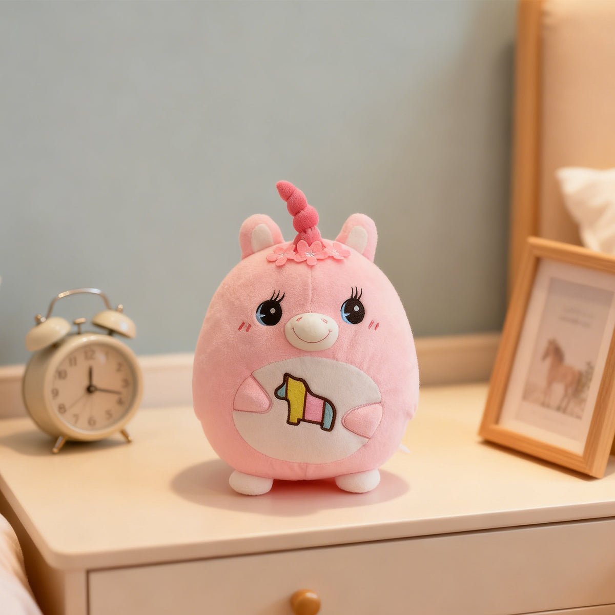 Pink Unicorn Plush Toy With Spiral Horn And Embroidered Horse Patch — back view