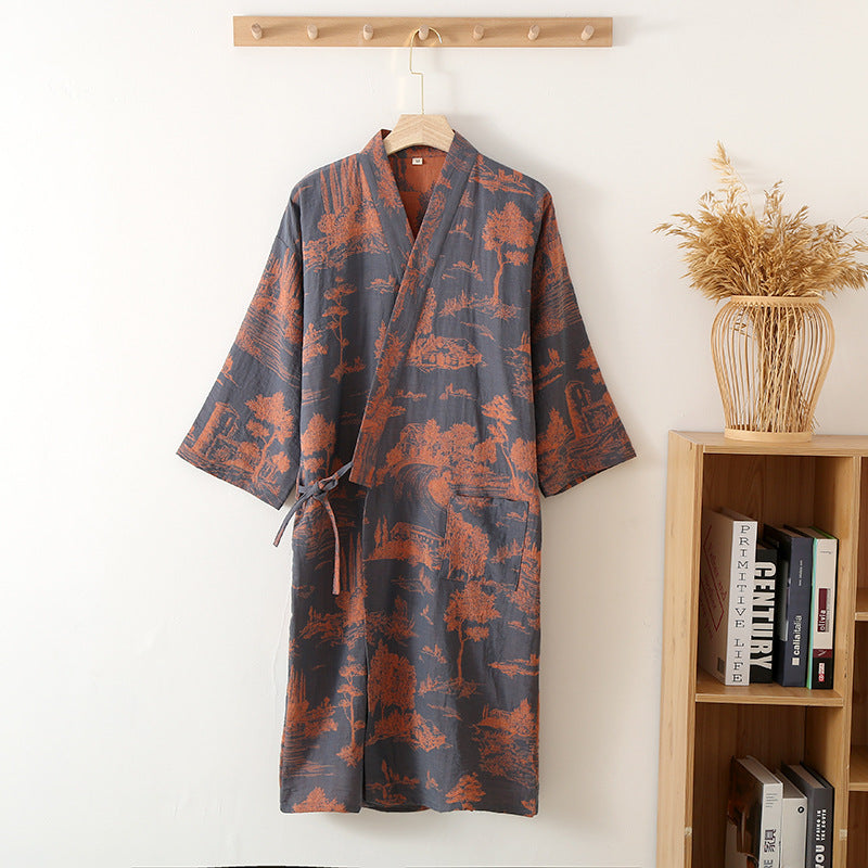 Men's Cotton Gauze Kimono Long Dress Bathrobe — side view