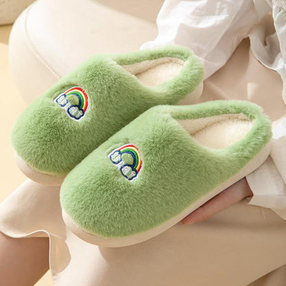 Kawaii Rainbow Embroidered Slippers Warm Slip On Plush Shoes Couple Indoor Home Slippers Winter — detail