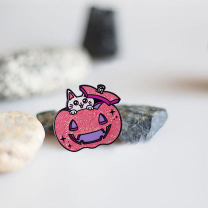Glitter Pumpkin Cat Enamel Pin Brooch Halloween Kawaii