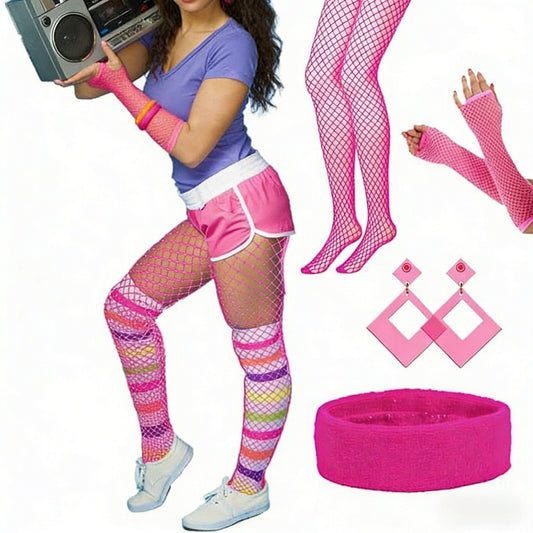 5-Piece Fluorescent Pink Women's Outfit In 80s Style, Retro Cosplay Set With Accessories, '80s Party Costume For Carnival &