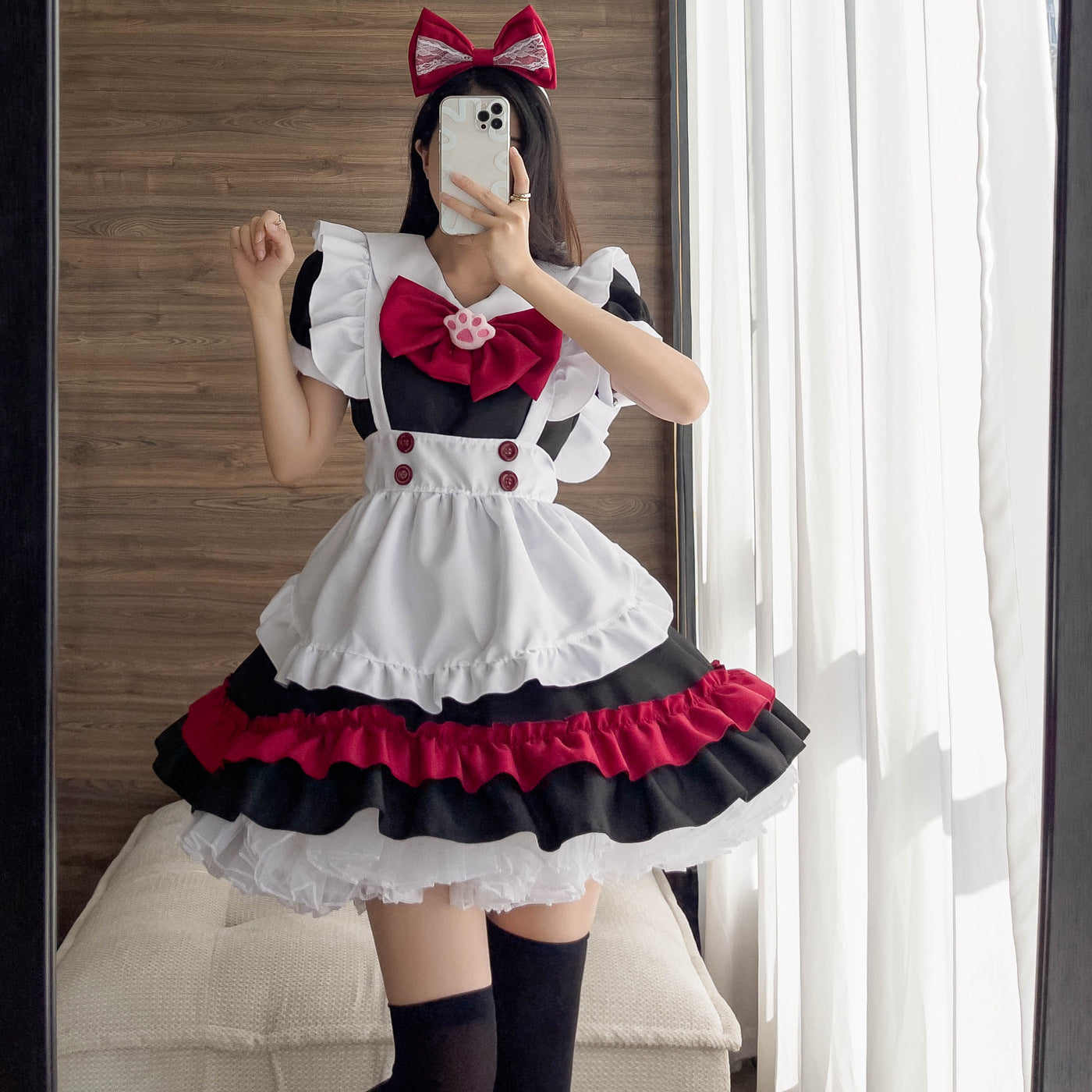 Lolita Gothic Black Red Maid Anime Cosplay Costume — in use
