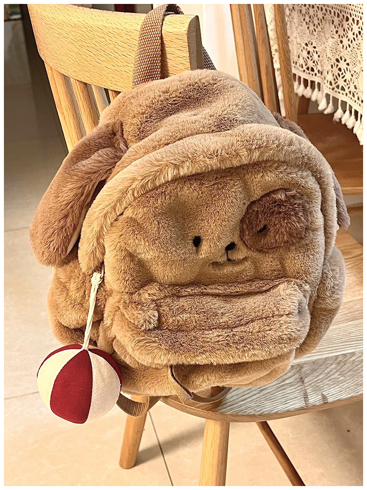 Cartoon Plush Puppy Backpack — in use