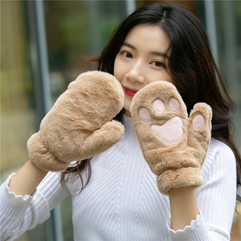 Cat's Paw Cute Plush Thickened Winter Women's Gloves — back view