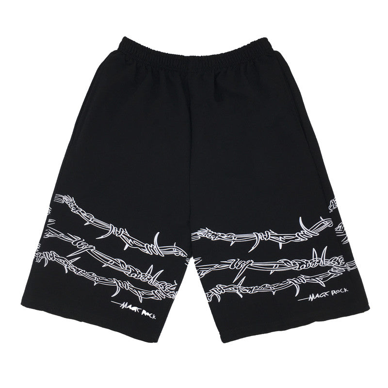 Shorts Men's Loose Casual Trend Dark Line Harajuku Style Front And Rear Iron Chain Pattern Fashion Sports