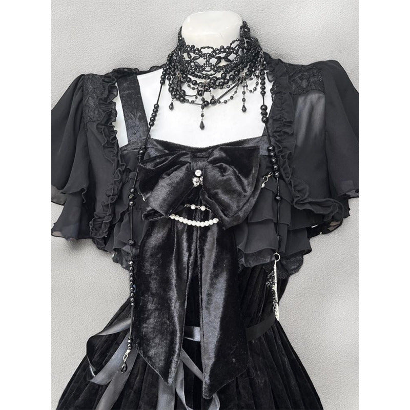 Black Gothic Style Vintage Lolita Dress Black Cardigan Two-piece Set Women's Summer New — back view