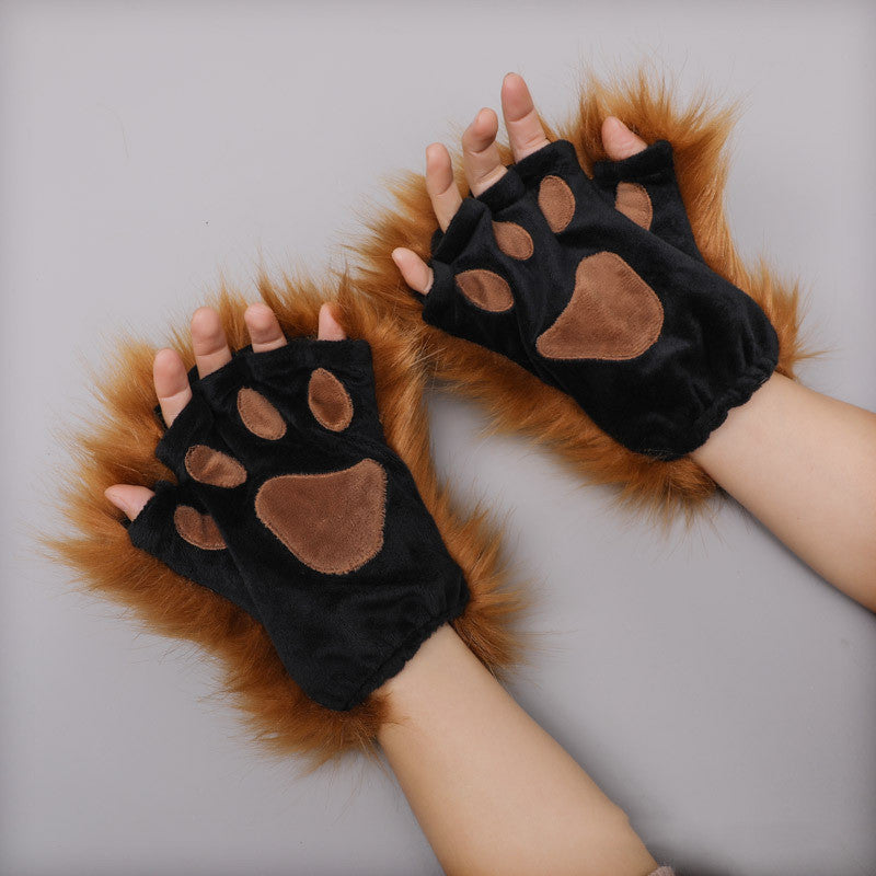 Cat-Girl Cosplay 3-Piece — Pink Twin-Tail Cat-Ear Wig, Fingerless Cat Paw Gloves & Plush Beast Tail — back view