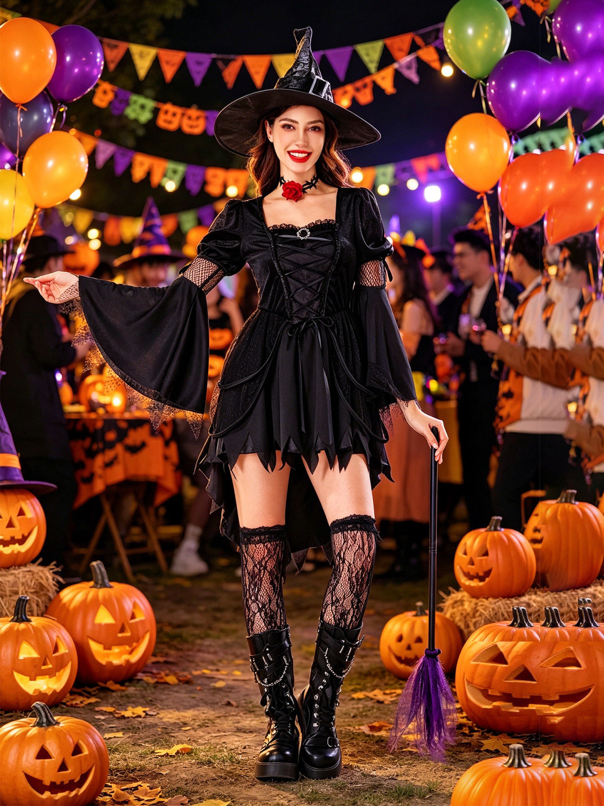 Women Gothic Witch Halloween Costume, Black Irregular Hem Witch Dress With Witch Hat, Dark Forest Sorceress — back view