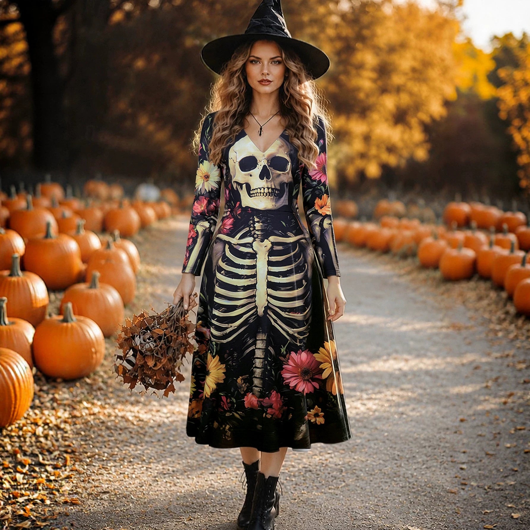 Halloween Skull Print Witch Wizard Costume Dress - Women's Gothic Fantasy Party Outfit for Cosplay