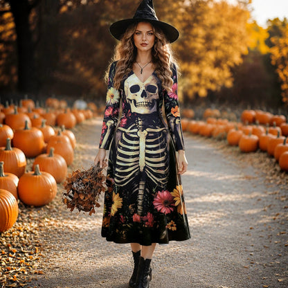 Halloween Skull Print Witch Wizard Costume Dress - Women's Gothic Fantasy Party Outfit for Cosplay
