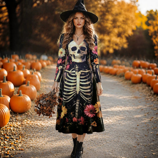 Halloween Skull Print Witch Wizard Costume Dress - Women's Gothic Fantasy Party Outfit for Cosplay