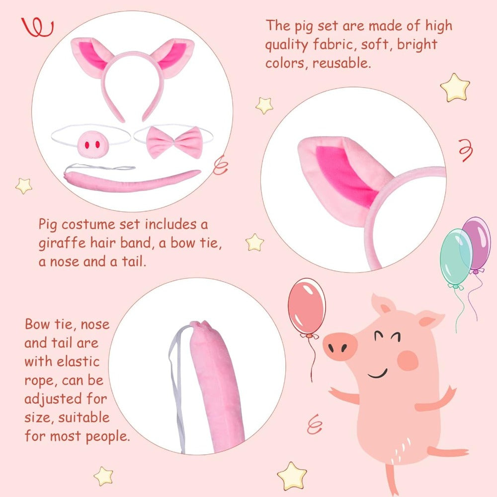 4-piece Pig Costume Set Consisting Of A Pig Ear Headband, Snout, Tail,and Bow Tie.Pink Animal Costume For — detail
