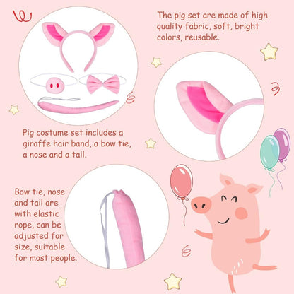 4-piece Pig Costume Set Consisting Of A Pig Ear Headband, Snout, Tail,and Bow Tie.Pink Animal Costume For — detail