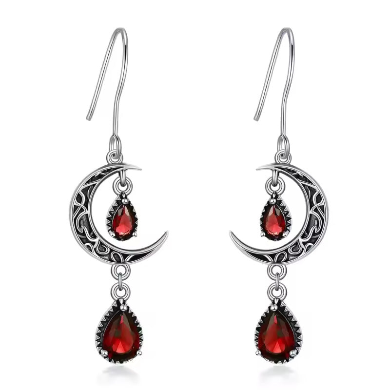 Vintage Gothic Moon Water Drop Red Rhinestone Dangle Earrings Fashion Women Dark Style Ear Jewelry For Themed Party Cosplay