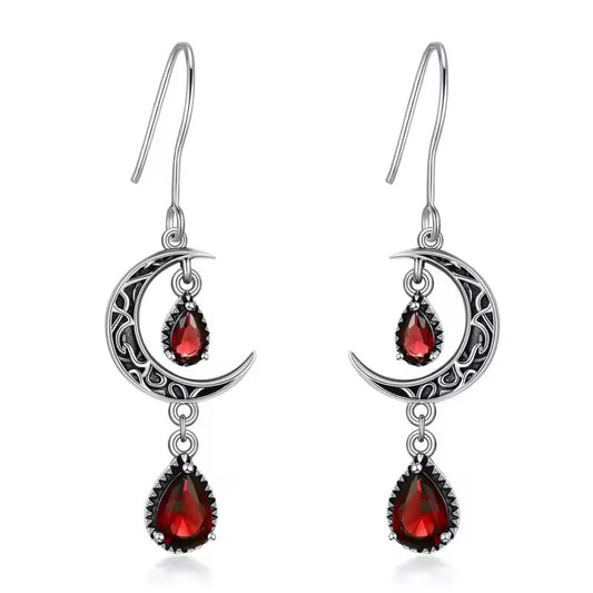 Vintage Gothic Moon Water Drop Red Rhinestone Dangle Earrings Fashion Women Dark Style Ear Jewelry For Themed Party Cosplay