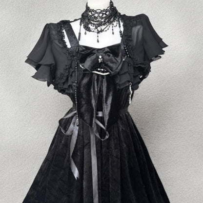 Black Gothic Style Vintage Lolita Dress Black Cardigan Two-piece Set Women's Summer New
