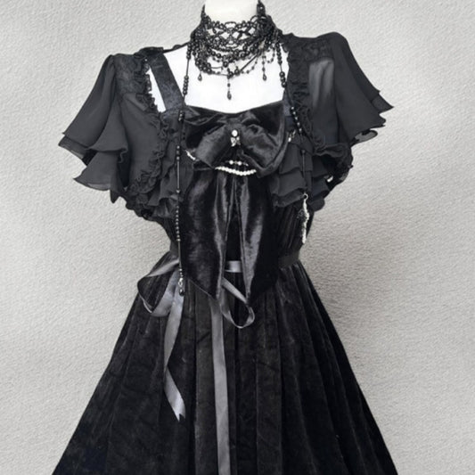 Black Gothic Style Vintage Lolita Dress Black Cardigan Two-piece Set Women's Summer New