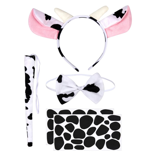 Cow Costume Set,3-piece Cow Outfit-headband With Ears, Tail, And Bow Tie And 2 Spotted Stickers, Perfect For Carnivals, And