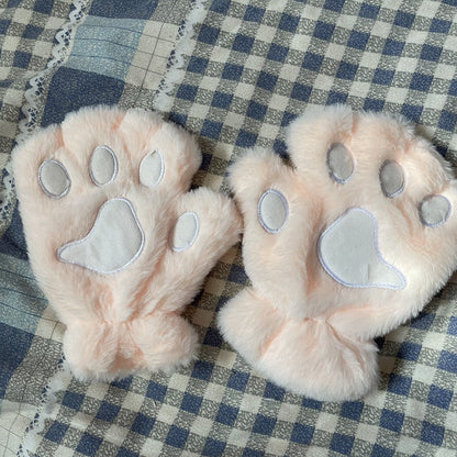 Cute Cat Claw Plush Gloves Female Winter Fleece-lined Warm Half Finger — scale reference